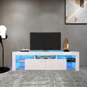 Modern White TV Stand with 20 Colors LED TV Stand Remote Control Lights
